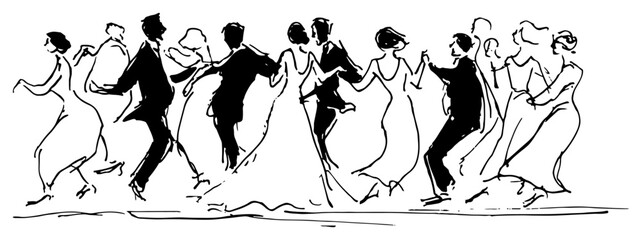 Wedding guests dancing in a group vector illustration hand drawn sketch showing reception party and celebration © Celestynka