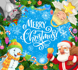 Naklejka premium Merry Christmas greeting card with Xmas characters. Cartoon vector festive banner with smiling snowman, Santa with a bell, cute winter angel and a hedgehog. Pine branch frame, ornaments and snowflakes