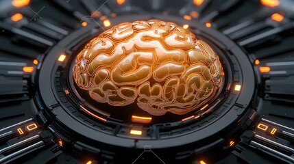 Glowing Golden Brain in Futuristic Technological Setting