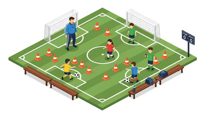 Squared 3D Isometric View Vector of children playing soccer on a small field with goals, cones, benches, and trees. Ideal for sports education, playground scenes, and youth fitness design