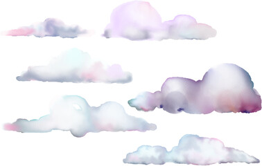 Pastel cartoon clouds isolated on white background. Hand drawn colorful watercolor illustration.