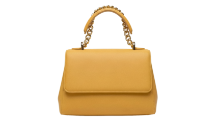 Elegant mustard yellow satchel handbag with gold chain handle isolated PNG, stylish fashion accessory for women on transparent background