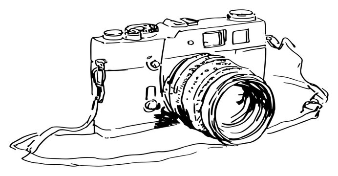 Vintage photo camera with strap sketched in artistic hand drawn style isolated vector illustration
