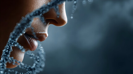 Digital Human face and DNA double helix on a blue technology background. DNA molecule hologram and AI robot head. Futuristic biotechnology and Science tech concept. Vector healthcare illustration