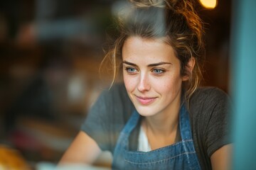 Warm afternoon sunlight filters through a glass door, highlighting a joyful small business owner in a blue apron, poised at the entrance with an inviting expression