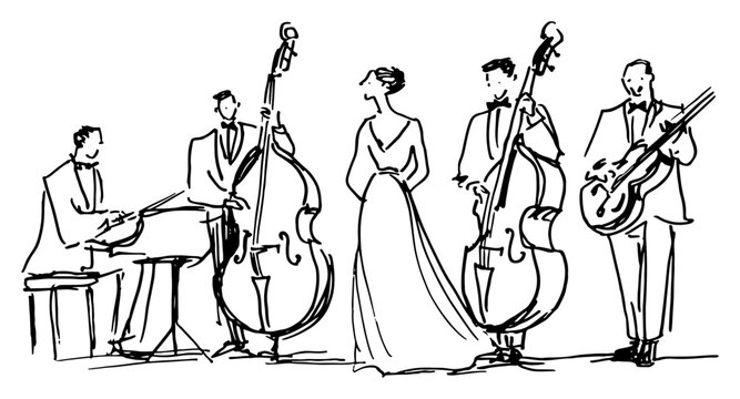 Live music band performing with singer and musicians playing instruments in sketch style vector illustration