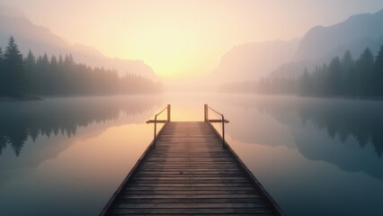 Obraz premium Empty wooden dock stretching over calm lake morning mist glowing light tranquil escape vivid colors