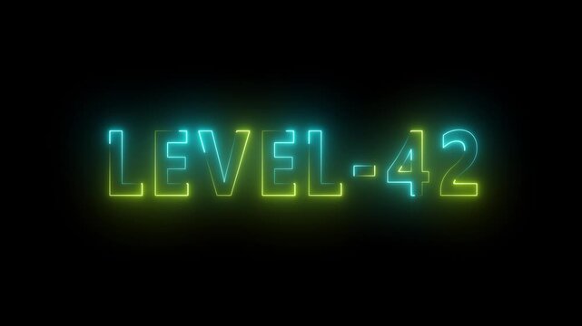Level -42 neon bright text font, colorful motion animation. Ideal for futuristic game intros animation. Neon level 1 up sing on a black background.