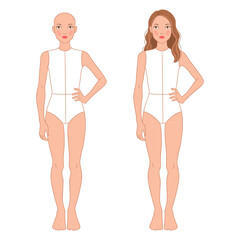 A clean vector fashion croqui of an 11&ndash;13-year-old girl, shown in two versions: bald template and hairstyle option. Ideal for fashion design, clothing sketches, and pattern development.