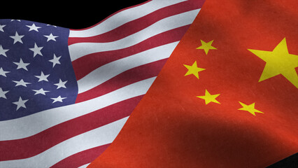 America vs China waving flags isolated on black background
