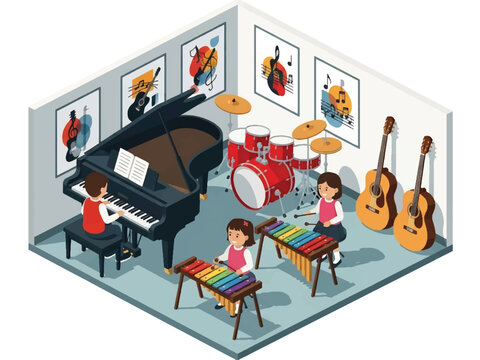Squared 3D Isometric View Vector of children joining music class with piano, drums, xylophone, guitars, and musical notes decor. Ideal for arts education and creative learning content