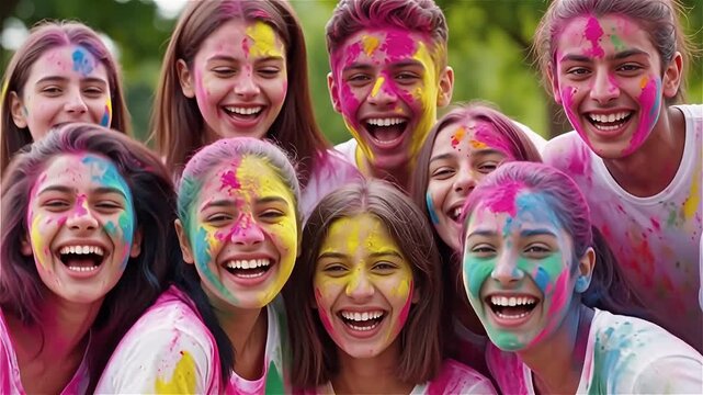 Group of happy young friends with colorful paint on faces smiling and laughing at camera, celebrating Holi festival of colors together outdoors, wearing white t-shirts.