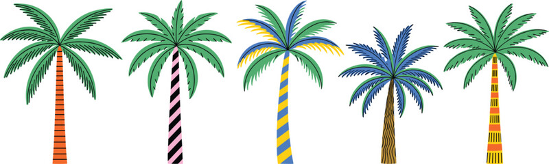 A collection of five colorful, stylized tropical palm trees with decorative striped trunks, perfect for summer vacation, beach, and exotic holiday designs.