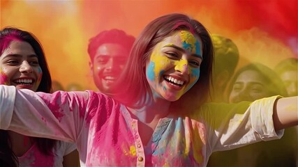 Happy young Indian woman with colorful paint on face dancing and celebrating Holi festival of colors with group of friends, having fun and throwing powder.