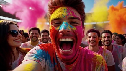 Holi Selfie - Man Covered in Colorful Powder Taking a Photo with Friends. Festive Crowd Celebration.

