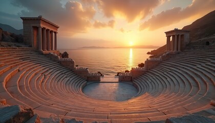 Obraz premium Ancient Greek stone theatre ruins by calm sea at sunset. Empty tiered amphitheater architecture with classical columns overlooks tranquil ocean water. Golden sun rays bathe historical landmark,