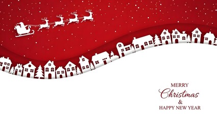 Santa claus flying with reindeer over a snowy village silhouette against a red, waving background with falling snow and text wishing merry christmas and happy new year