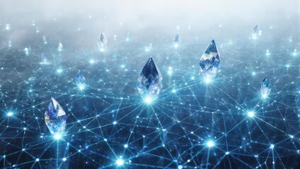 Abstract digital network with glowing crystals and connected nodes in a futuristic environment.