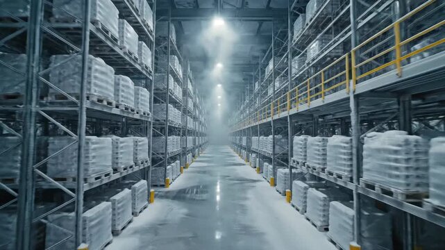Deep perspective shot of frozen industrial warehouse racks containing cold stored inventory.