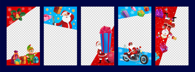 Christmas social media templates with funny Santa, holiday gifts and elf character, vector publication posts. Christmas media templates, cartoon Santa riding motorcycle with gifts and decorations
