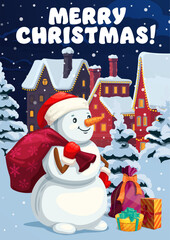 Obraz premium Merry Christmas and happy holidays greeting card with cartoon snowman character standing in a snowy winter town with festive houses, trees, warm lights, a red gift sack and presents on the ground