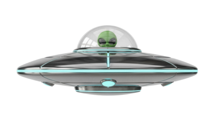 Cartoon alien in a flying saucer PNG isolated, extraterrestrial character with spaceship on transparent background, sci-fi concept