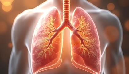 Human lungs detailed illustration with trachea branches shown as glowing orange network. Medical art depicts respiratory system internal anatomy for health care education.