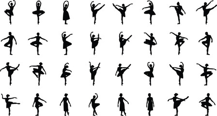 Ballet dancer silhouette collection, graceful dance poses and elegant movement illustrations for performing arts, choreography design, classical ballet vector set