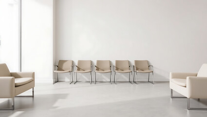 Fototapeta premium Generative AI Minimalist Modern Lobby with Neutral Tones and Simplistic Seating Arrangement
