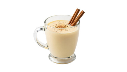 Festive eggnog in a glass mug isolated PNG, creamy holiday drink with cinnamon sticks on transparent background