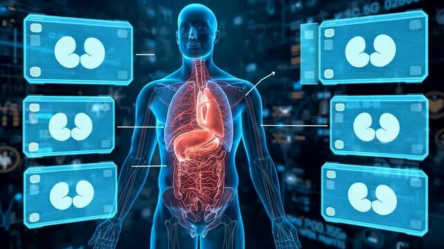 Digital human anatomy display with glowing organs and floating medical interface panels showing advanced healthcare monitoring data and clinical technology