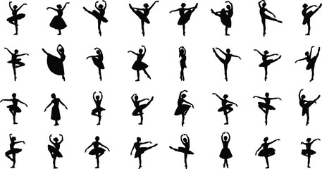 Ballet dancer silhouette collection, graceful dance poses with elegant movement, classical choreography illustrations for performing arts, ballet design, vector set
