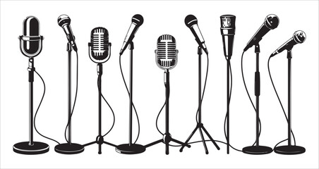 Set of various black and white standing microphones on stands for audio recording