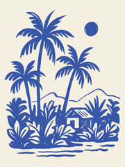 Obraz premium Tropical palm landscape with hut doodle vector illustration