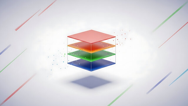Digital Innovation Concept: Four Colored Layers in a Cubic Formation with Abstract Particles