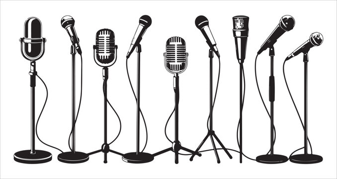 Set of various black and white standing microphones on stands for audio recording