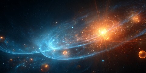 Stunning Nebula and Cosmic Event with Glowing Orbs and Radiant Light Trails in Deep Space Background, Representing Astronomical and Sci-Fi Concepts