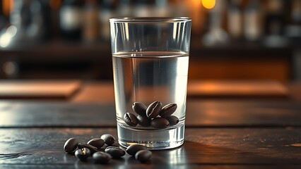 sambuca. Three coffee beans floating in sambuca on a rustic wooden bar. bar promotions, beverage menus, designed for product packaging and bar promotions, used by e-commerce operators.