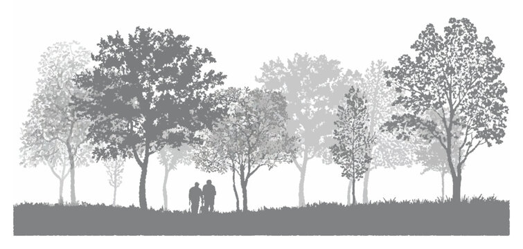 2D farm model composition with detailed trees and hardworking farmers illustrating rural agriculture activity, countryside livelihood, crop cultivation, traditional farming workflow