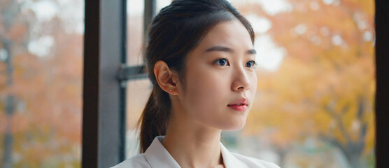 Serene Contemplation: Portrait of a woman gazing thoughtfully through a window, her expression serene as she connects with the beauty of the autumnal landscape. 