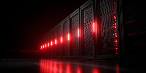 A clean, dramatic, moody shot of an isolated, single server rack with red alert lights flashing, emphasizing security risk/failure, cyber security, high contrast, cinemat