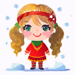 Cute Little Girl Celebrating Christmas – Vector Illustration