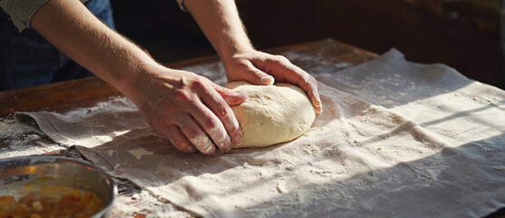 Crafting Crust: A skilled pair of hands molds and shapes a dough ball on a flour-dusted cloth, bathed in the soft morning light. The scene whispers of tradition and home-baked goodness.