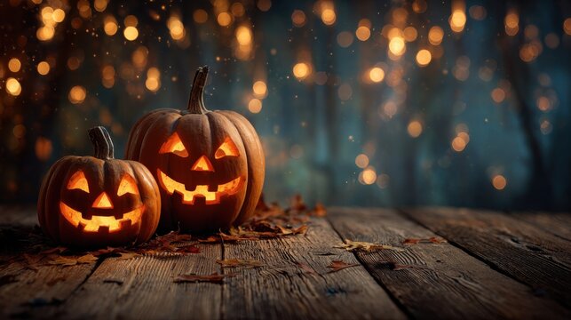 Two carved pumpkins with smiling faces light up a wooden table. The scene has autumn leaves scattered around and twinkling lights in the background during the night