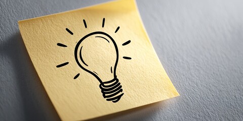 Clean, minimalist shot of a clean, simple, bold lightbulb icon (focused detail) drawn on a clean sticky note, emphasizing creative idea, clean design, 16K,