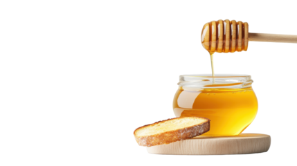 Honey drizzle over jar with bread slice, transparent background