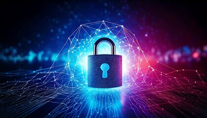 A glowing digital padlock symbolizing cybersecurity and data protection within a futuristic network environment.