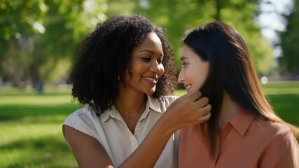Two women embracing, expressing affection, set against a sunny park backdrop, demonstrating affection, friendship, and love Stock Video