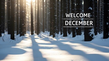 Welcome december text overlay on a beautiful winter forest scene with snowcovered ground and sun rays filtering through tall dark trees, creating long shadows on the snow