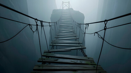 Dilapidated Wooden Rope Bridge Crossing a Deep, Misty Gorge or Canyon.
